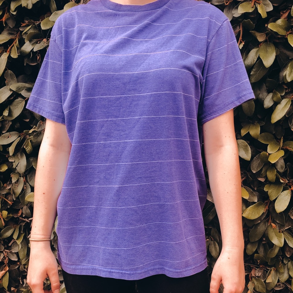 | purple + white striped tee
